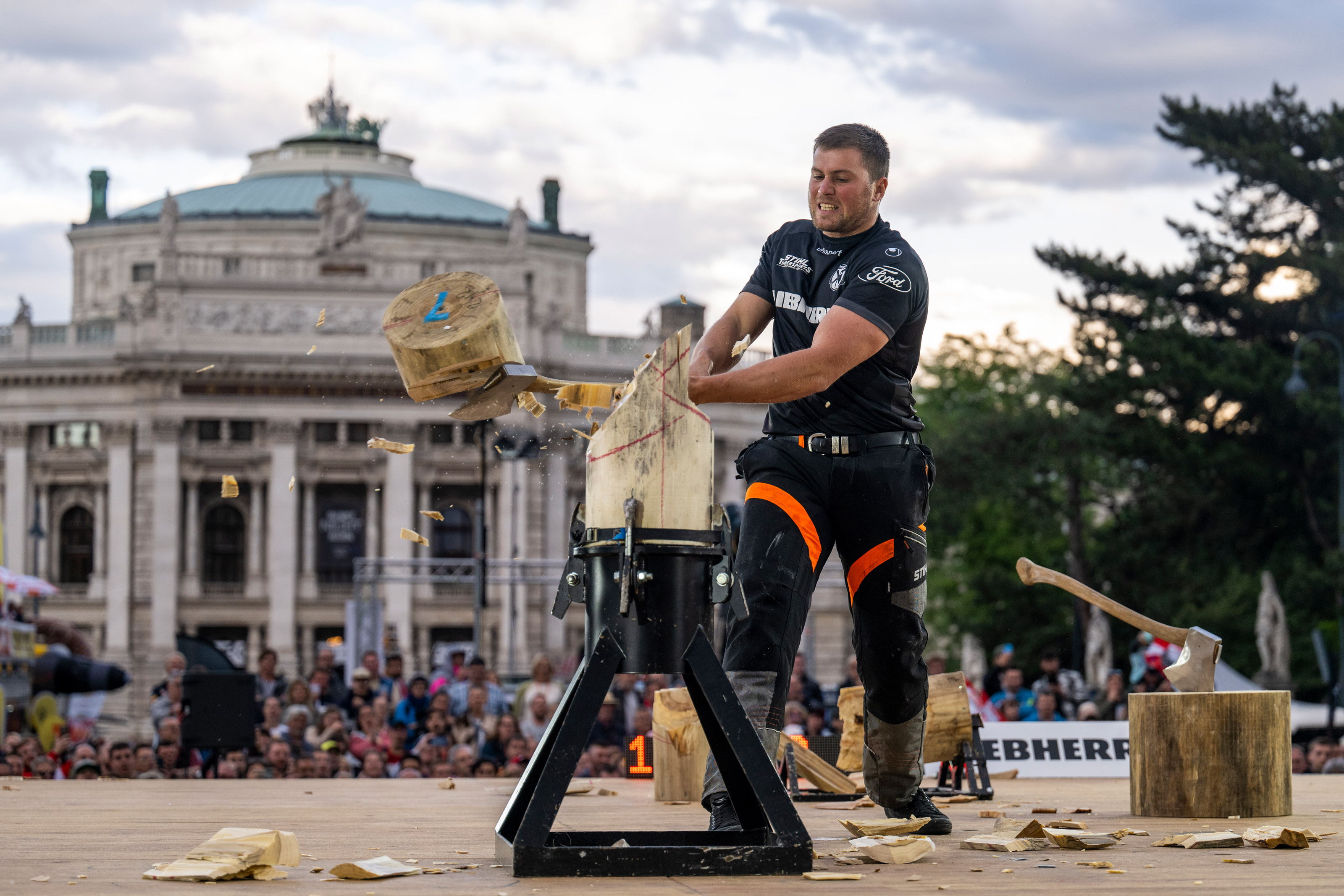 The reigning New Zealand champion Jack Jordan on the standing block chop.